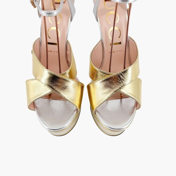 Gucci Angel Platform Sandals Size 40 US 10 Gold Silver GG Criss Cross High Heel - Picture 5 of 15